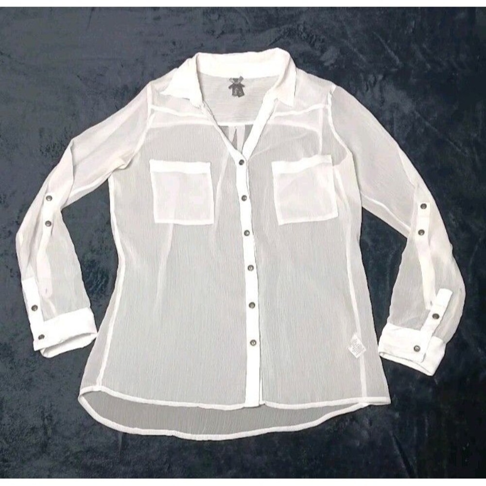 Vanity Sheer Long Sleeve Button Up S White Ivory Light Academia Preppy Dainty